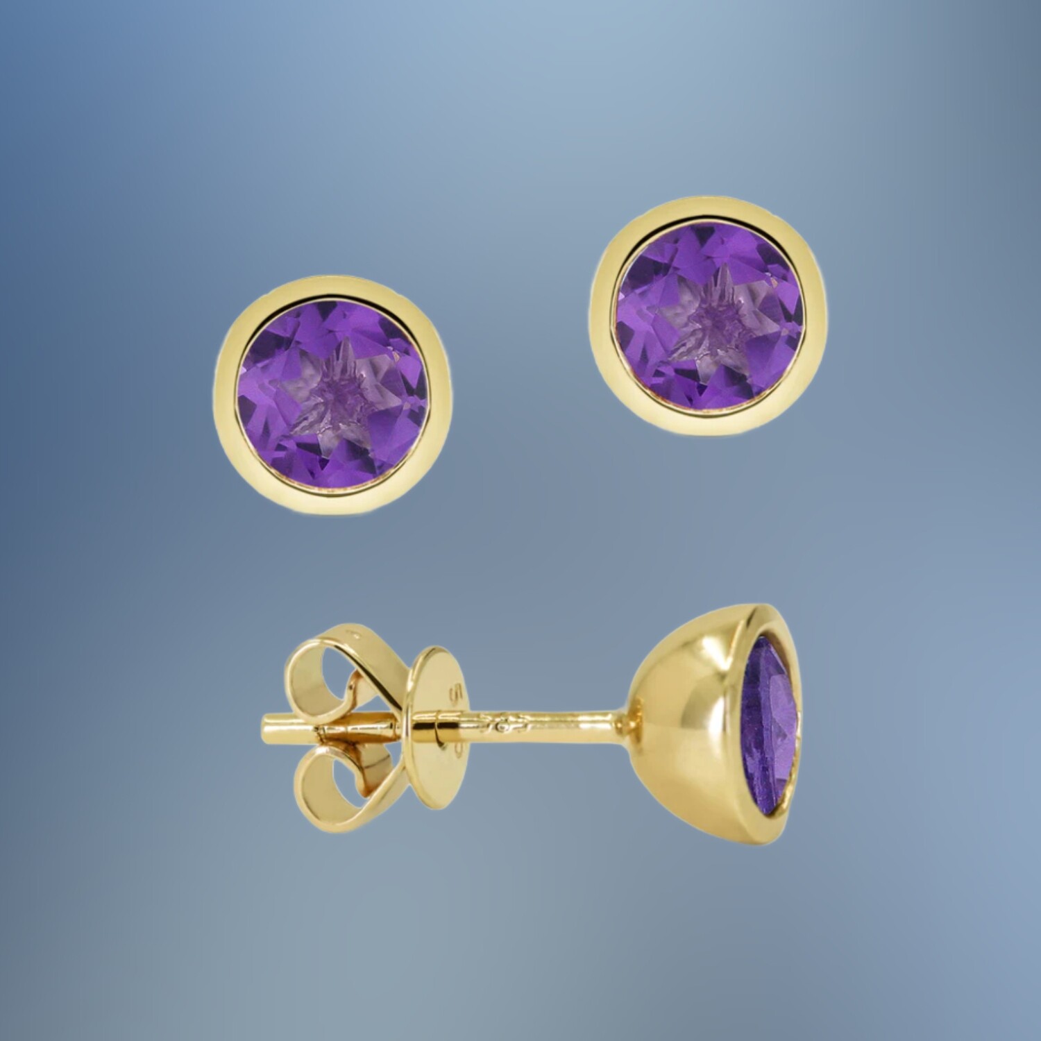 14 KARAT YELLOW GOLD BEZEL SET AMETHYST STUD EARRINGS CONTAINING TWO ROUND AMETHYST TOTALING 0.93 CARATS