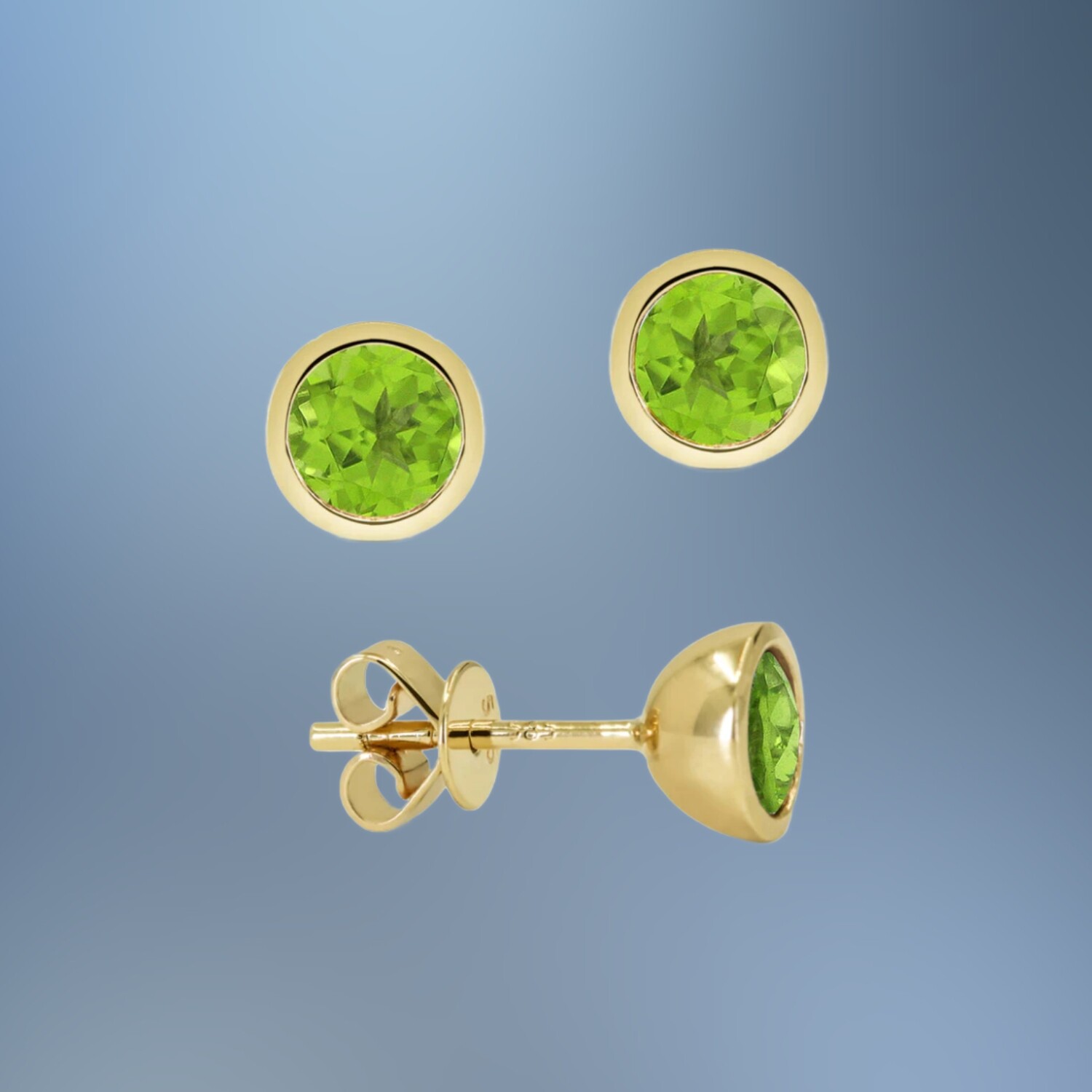 14 KARAT YELLOW GOLD BEZEL SET PERIDOT STUD EARRINGS CONTAINING TWO ROUND PERIDOTS TOTALING 1.11 CARATS 14 KARAT YELLOW GOLD BEZEL SET PERIDOT STUD EARRINGS CONTAINING TWO ROUND PERIDOTS TOTALING 1.11 CARATS