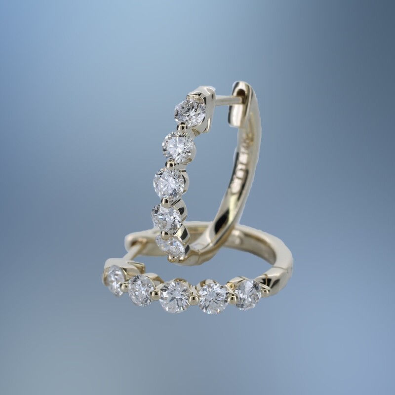 ONE PAIR OF 14KT YELLOW GOLD DIAMOND HOOPS CONTAINING 1.00 CT OF NATURAL ROUND BRILLIANT CUT DIAMONDS WITH A HINGE BACK