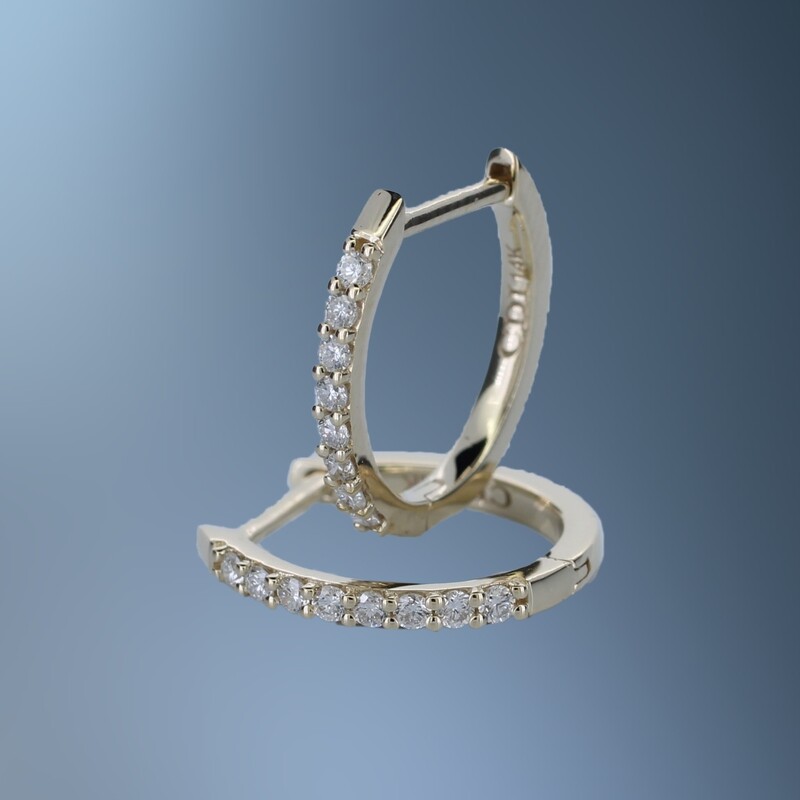 ONE PAIR OF 14KT YELLOW GOLD DIAMOND HOOPS CONTAINING .18 CT OF NATURAL ROUND BRILLIANT CUT DIAMONDS WITH A HINGE BACK