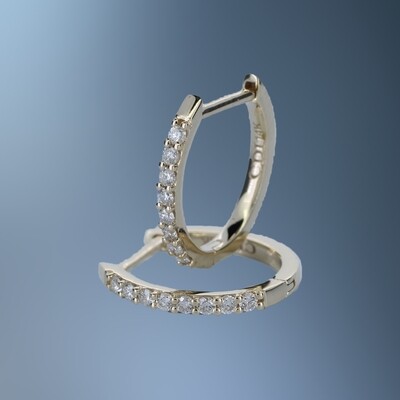 ONE PAIR OF 14KT YELLOW GOLD DIAMOND HOOPS CONTAINING .18 CT OF NATURAL ROUND BRILLIANT CUT DIAMONDS WITH A HINGE BACK ONE PAIR OF 14KT YELLOW GOLD DIAMOND HOOPS CONTAINING .18 CT OF NATURAL ROUND BRILLIANT CUT DIAMONDS WITH A HINGE BACK