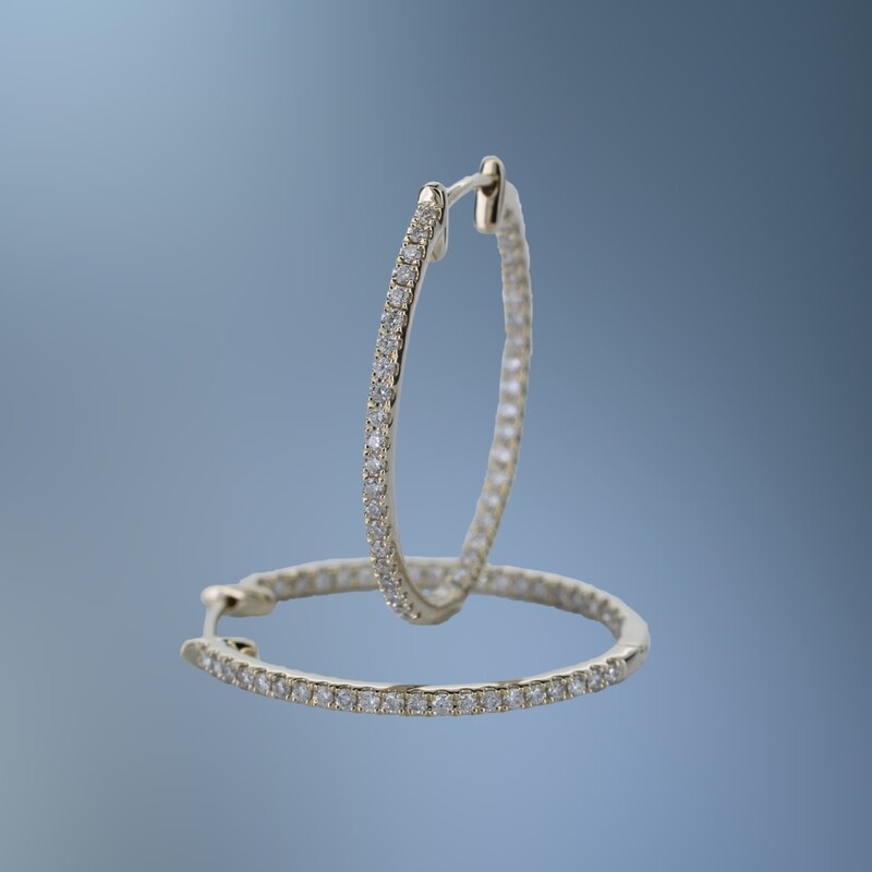 14KT YELLOW  GOLD INSIDE & OUT OVAL DIAMOND HOOP EARRING CONTAINING 82 NATURAL ROUND BRILLIANT DIAMONDS TOTALING .41 CTS