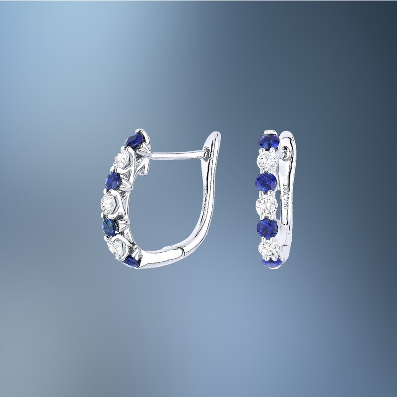 14 KARAT WHITE GOLD NATURAL BLUE SAPPHIRE AND DIAMOND HOOP EARRINGS CONTAINING 8 NATURAL ROUND BLUE SAPPHIRES TOTALING 0.48 CARATS AND 6 NATURAL ROUND BRILLIANT CUT DIAMONDS TOTALING 0.31 CARATS