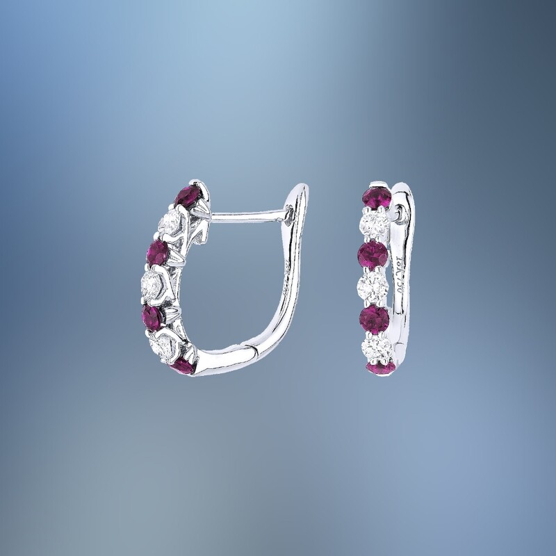 14 KARAT WHITE GOLD NATURAL RUBY AND DIAMOND HOOP EARRINGS CONTAINING 8 NATURAL ROUND RUBIES TOTALING 0.51 CARATS AND 6 NATURAL ROUND BRILLIANT CUT DIAMONDS TOTALING 0.31 CARATS