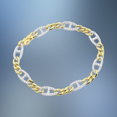 ONE 14KT YELLOW AND WHITE GOLD DIAMOND BRACELET CONTAINING 1.64 CTS OF NATURAL ROUND BRILLIANT CUT DIAMONDS WITH A HIDDEN BOX CLOSURE. BRACELET IS 7" IN LENGTH