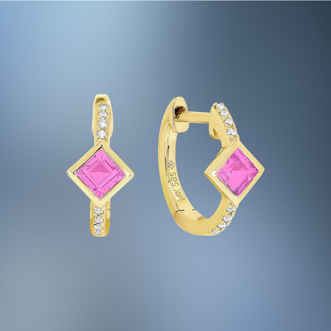 ONE PAIR OF 14KT YELLOW GOLD DIAMOND AND LAB GROWN PINK SAPPHIRE HOOPS CONTAINING 2 PRINCESS CUT LAB GROWN PINK SAPPHIRES .33 CTS TOTAL WEIGHT AND 16 SINGLE CUT DIAMONDS TOTALING .03 CTS.