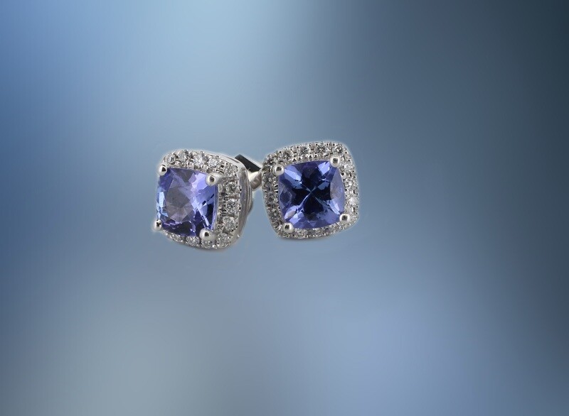 ONE PAIR OF 14KT WHITE GOLD LADIES DIAMOND AND TANZANITE EARRINGS CONTAINING TWO CUSHION CUT TANZANITES TOTALING .95 CTS, AND .17 CTS OF NATURAL ROUND BRILLIANT CUT DIAMONDS, WITH A POST BACK