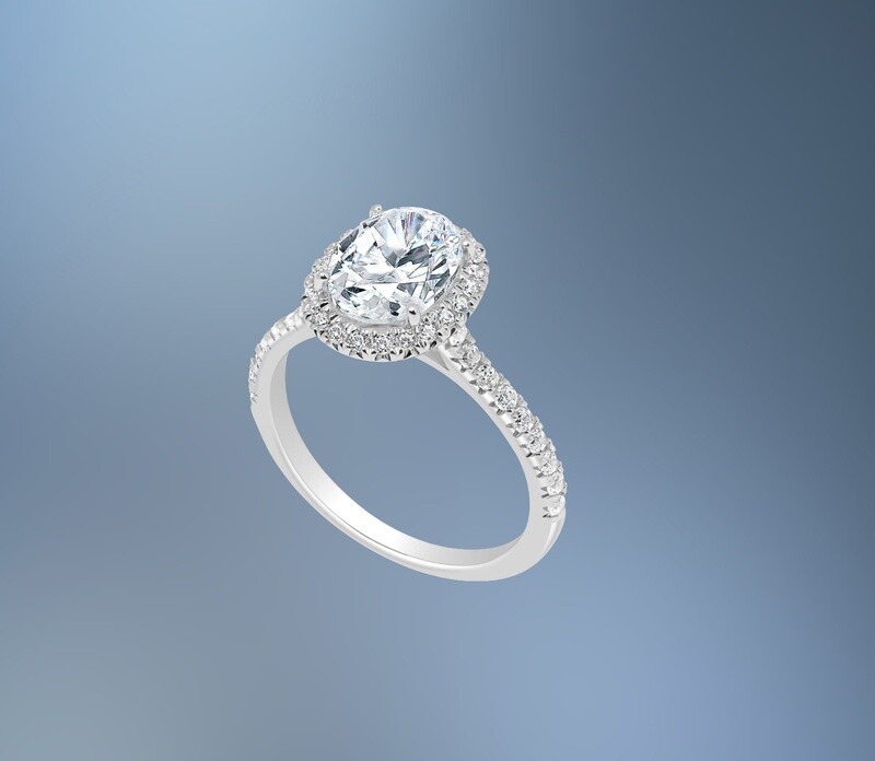 14KT WHITE GOLD OVAL HALO ENGAGEMENT RING FEATURING  40 ROUND BRILLIANT DIAMONDS TOTALING .43 CTS