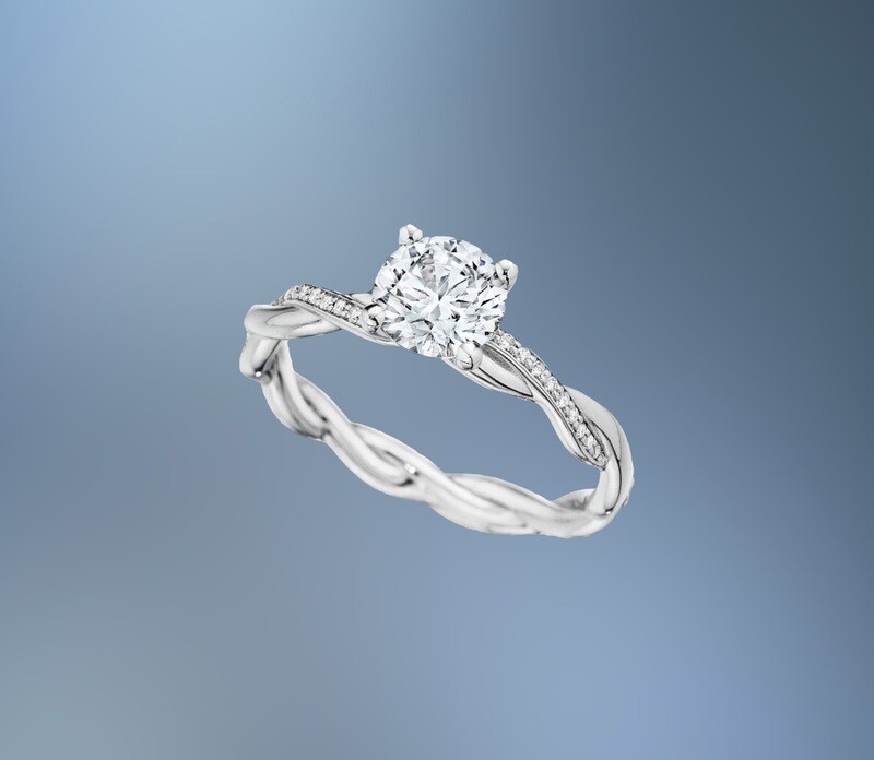 14KT WHITE GOLD TWISTED SHANK ENGAGEMENT RING FEATURING 32 ROUND BRILLIANT CUT DIAMONDS TOTALING .11 CTS 14KT WHITE GOLD TWISTED SHANK ENGAGEMENT RING FEATURING 32 ROUND BRILLIANT CUT DIAMONDS TOTALING .11 CTS