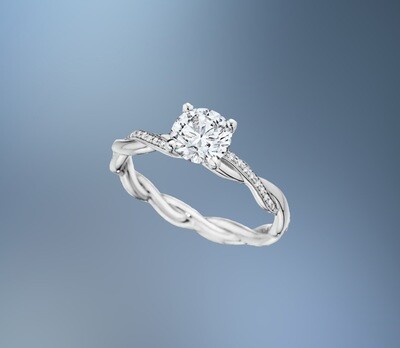14KT WHITE GOLD TWISTED SHANK ENGAGEMENT RING FEATURING 32 ROUND BRILLIANT CUT DIAMONDS TOTALING .11 CTS
