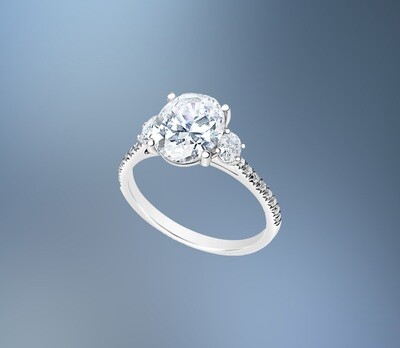14KT WHITE GOLD OVAL ENGAGEMENT RING FEATURING TWO OVAL DIAMONDS & 16 ROUND BRILLIANT DIAMONDS TOTALING .42 CTS