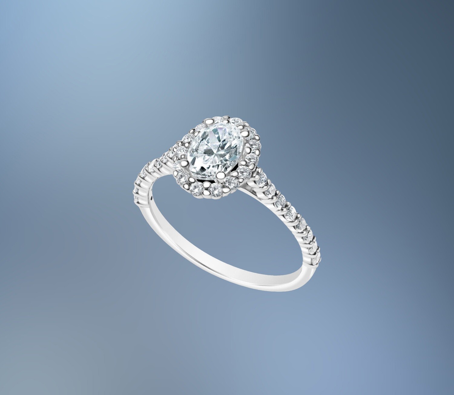 14KT WHITE GOLD OVAL HALO STYLE ENGAGEMENT RING FEATURING 30 ROUND BRILLANT DIAMONDS TOTALING .45 CTS 14KT WHITE GOLD OVAL HALO STYLE ENGAGEMENT RING FEATURING 30 ROUND BRILLANT DIAMONDS TOTALING .45 CTS