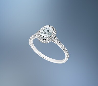 14KT WHITE GOLD OVAL HALO STYLE ENGAGEMENT RING FEATURING 30 ROUND BRILLANT DIAMONDS TOTALING .45 CTS