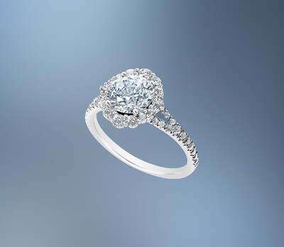 14KT WHITE GOLD HALO ENGAGEMENT RING FEATURING 42 ROUND BRILLIANT DIAMONDS TOTALING .54 CTS