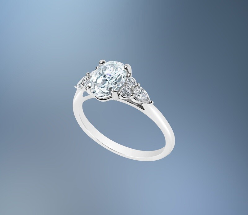 14KT WHITE GOLD OVAL HALO ENGAGEMENT RING FEATURING TWO PEAR SHAPE DIAMONDS & FOUR ROUND BRILLIANT CUT DIAMONDS TOTALING .35 CTS 14KT WHITE GOLD OVAL HALO ENGAGEMENT RING FEATURING TWO PEAR SHAPE DIAMONDS & FOUR ROUND BRILLIANT CUT DIAMONDS TOTALING .35 CTS