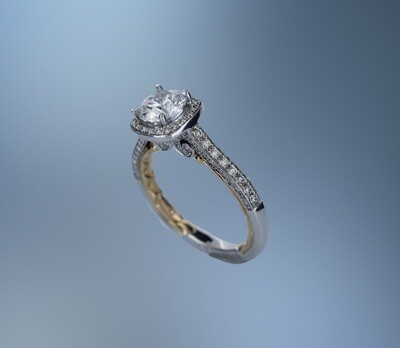 A. JAFFE 14KT TWO TONE HALO STYLE ENGAGEMENT RING FEATURING 104 ROUND BRILLIANT CUT DIAMONDS TOTALING 0.52 CTS.
