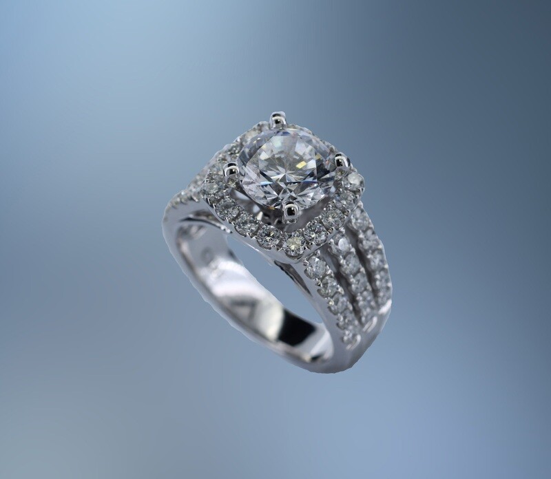 14 KT WHITE GOLD HALO STYLE ENGAGEMENT RING  FEATURING 46 ROUND BRILLIANT CUT DIAMONDS TOTALING 1.22 CTS.