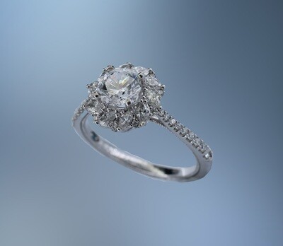 14KT WHITE GOLD DIAMOND HALO STYLE ENGAGEMENT RING WITH 39 ROUND BRILLIANT CUT & MARQUISE CUT DIAMONDS TOTALING 0.62 CTS.