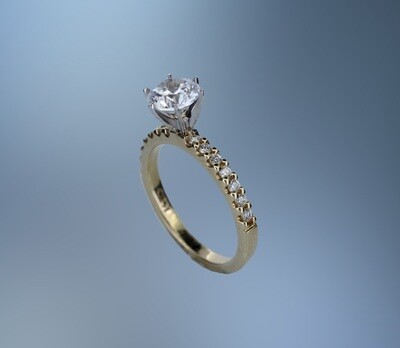 14KT YELLOW GOLD ENGAGEMENT RING FEATURING 14 ROUND BRILLIANT CUT DIAMONDS TOTALING 0.25 CTS.