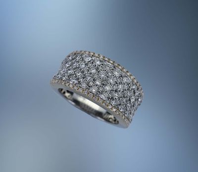ONE 14KT WHITE AND YELLOW GOLD LADIES WEDDING BAND CONTAINING 172 NATURAL ROUND BRILLIANT CUT DIAMONDS TOTALING 2.87 CTS. ONE 14KT WHITE AND YELLOW GOLD LADIES WEDDING BAND CONTAINING 172 NATURAL ROUND BRILLIANT CUT DIAMONDS TOTALING 2.87 CTS.