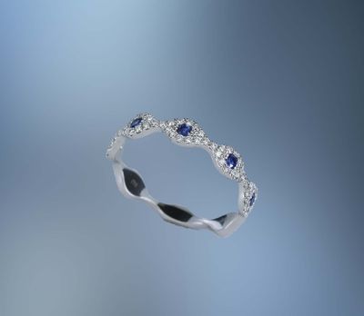 NJ4374S 14KT WHITE GOLD DIAMOND & SAPPHIRE BAND FEATURING 70 ROUND BRILLIANT CUT  DIAMONDS TOTALING .25 CTS & 5 ROUND SAPPHIRES TOTALING .18 CTS.  WEIGHT .43 CTS