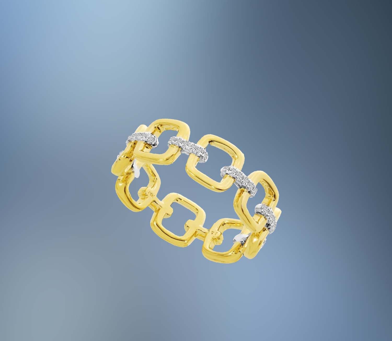 14KT YELLOW GOLD DIAMOND LINK BAND RING FEATURING ROUND BRILLIANT CUT DIAMONDS TOTALING 0.13 CTS