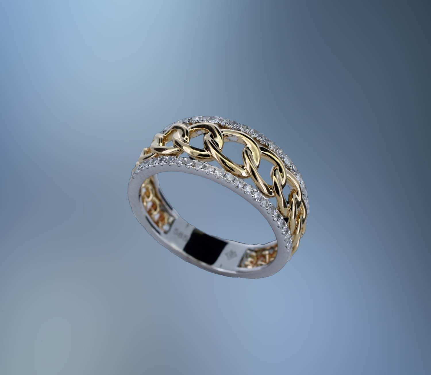 ONE 14 KT YELLOW & WHITE GOLD FASHION RING FEATURING (46) ROUND BRILLIANT CUT DIAMONDS TOTALING .28 CTS. ONE 14 KT YELLOW & WHITE GOLD FASHION RING FEATURING (46) ROUND BRILLIANT CUT DIAMONDS TOTALING .28 CTS.