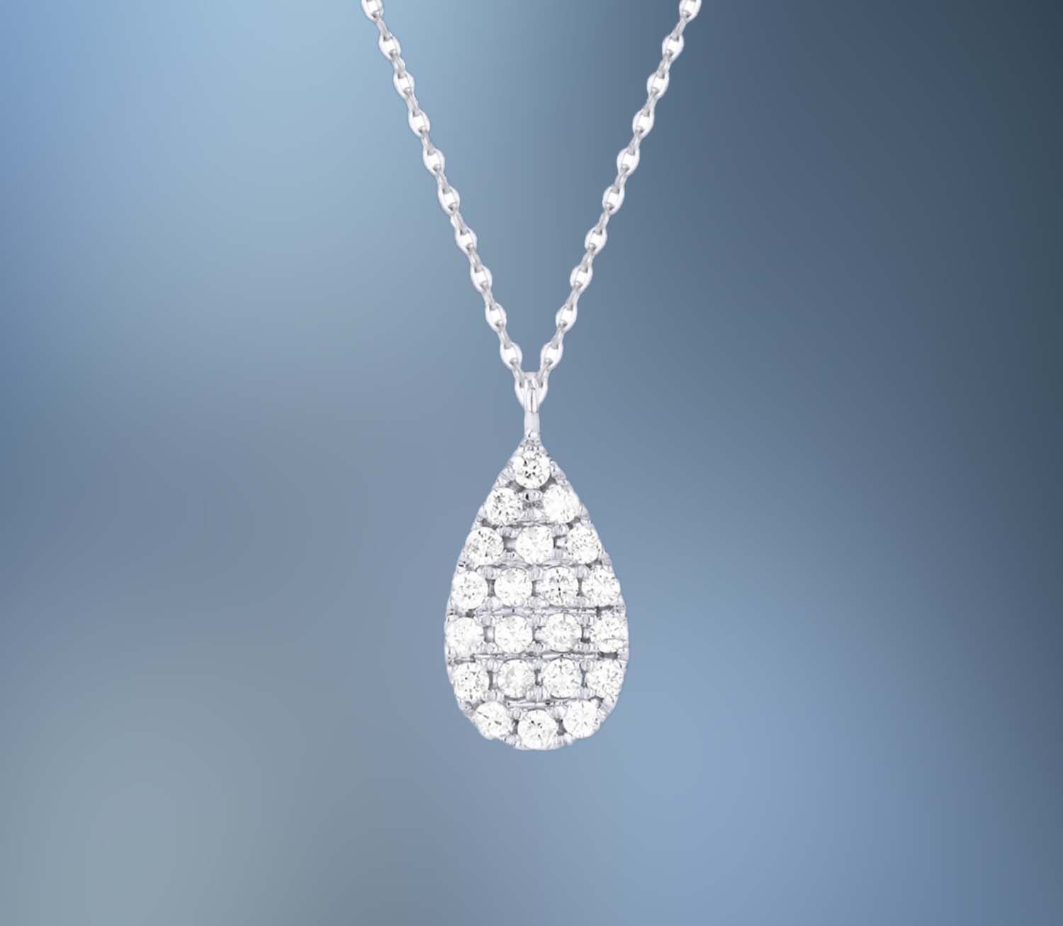 14KT WHITE GOLD PEAR SHAPE DIAMOND PENDANT FEATURING 21 ROUND BRILLIANT CUT DIAMONDS TOTALING 0.14 CTS 14KT WHITE GOLD PEAR SHAPE DIAMOND PENDANT FEATURING 21 ROUND BRILLIANT CUT DIAMONDS TOTALING 0.14 CTS