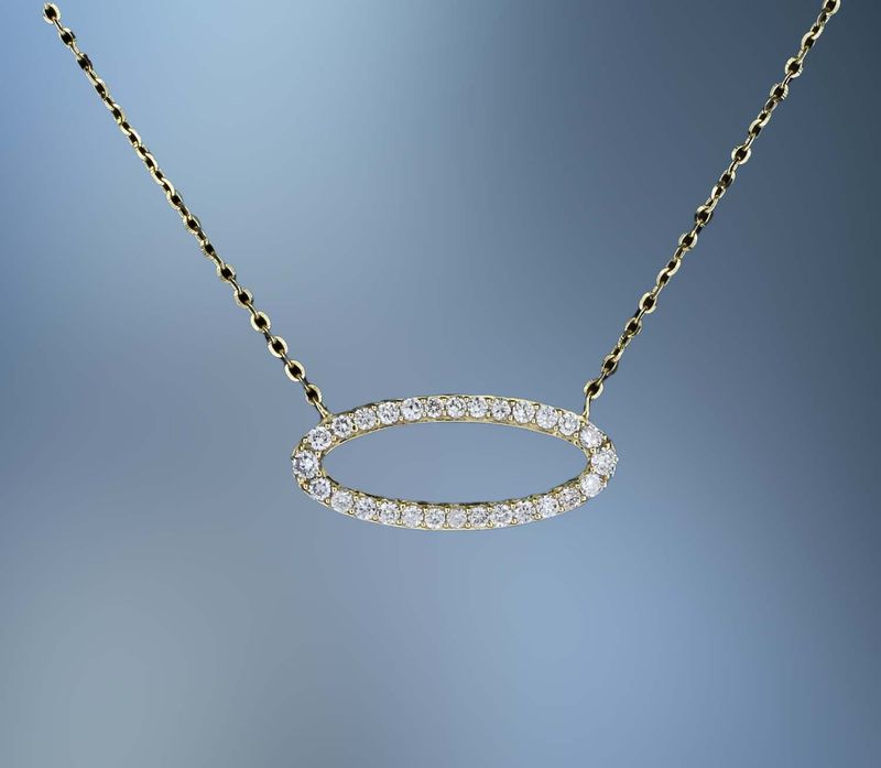 14KT YELLOW GOLD OVAL DIAMOND  NECKLACE FEATURING 28 ROUND BRILLIANT CUT DIAMONDS TOTALING 0.22 CTS.