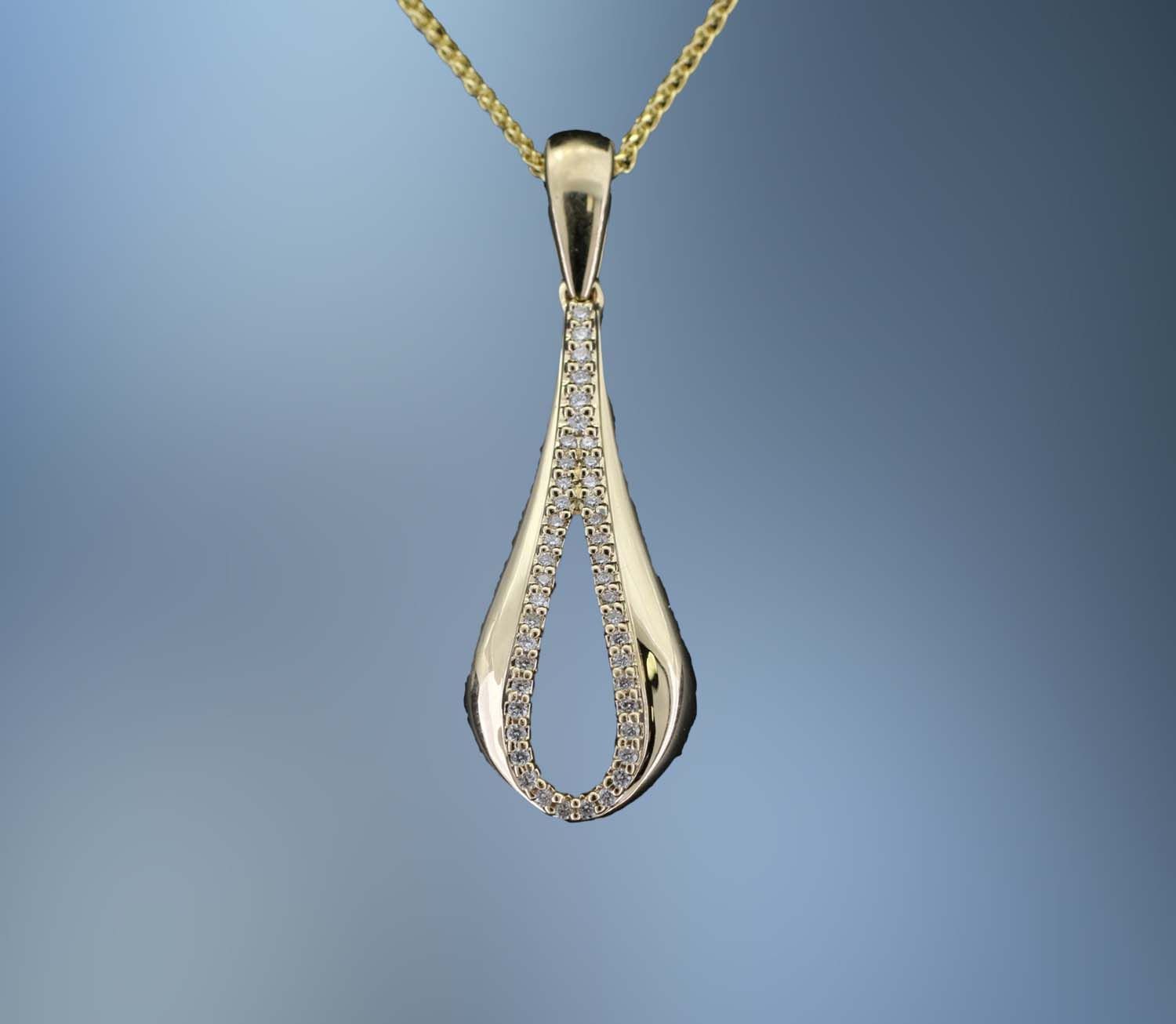 14KT YELLOW GOLD DIAMOND TEARDROP NECKLACE FEATURING  44 ROUND BRILLIANT CUT DIAMONDS TOTALING 0.17 CTS
