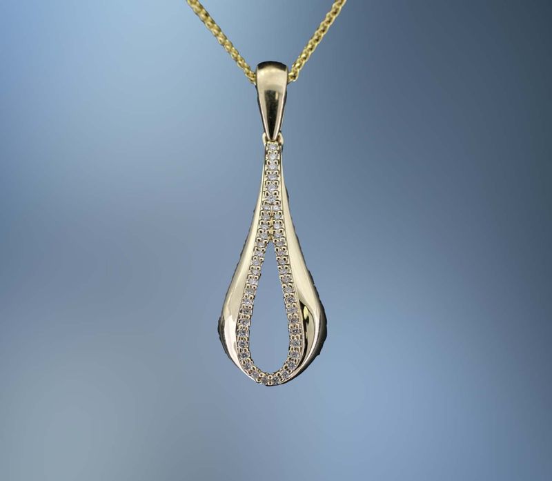 14KT YELLOW GOLD DIAMOND TEARDROP NECKLACE FEATURING  44 ROUND BRILLIANT CUT DIAMONDS TOTALING 0.17 CTS