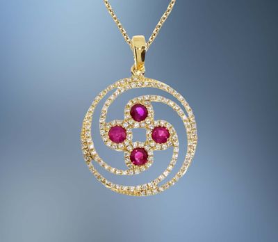 14KT YELLOW GOLD RUBY AND DIAMOND PENDANT FEATURING 4 RUBIES 0.30 CTS AND ROUND BRILLIANT CUT DIAMONDS TOTALING 0.36 CTS 14KT YELLOW GOLD RUBY AND DIAMOND PENDANT FEATURING 4 RUBIES 0.30 CTS AND ROUND BRILLIANT CUT DIAMONDS TOTALING 0.36 CTS