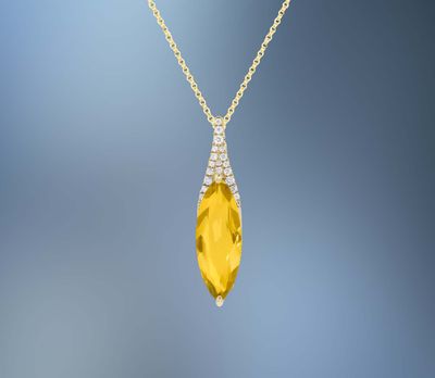 ONE 14KT YELLOW GOLD LADIES DIAMOND AND CITRINE PENDANT CONTAINING ONE 2.65 CT. MARQUISE CUT CITRINE AND .07 CTS, OF NATURAL SINGLE CUT DIAMONDS ON A 16 ONE 14KT YELLOW GOLD LADIES DIAMOND AND CITRINE PENDANT CONTAINING ONE 2.65 CT. MARQUISE CUT CITRINE AND .07 CTS, OF NATURAL SINGLE CUT DIAMONDS ON A 16" CHAIN WITH A LOBSTER CLAW CLASP.