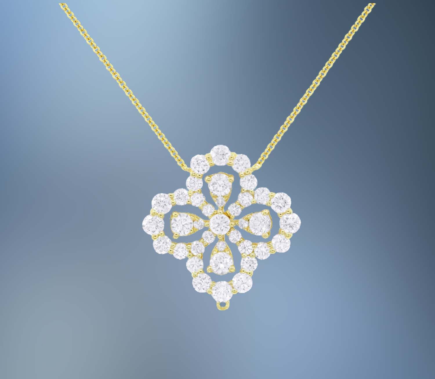 ONE 14KT YELLOW GOLD LADIES DIAMOND PENDANT CONTAINING 1.06 CTS. OF NATURAL ROUND BRILLIANT CUT DIAMONDS ON AN 18" CHAIN WITH A LOBSTER CLAW CLASP.