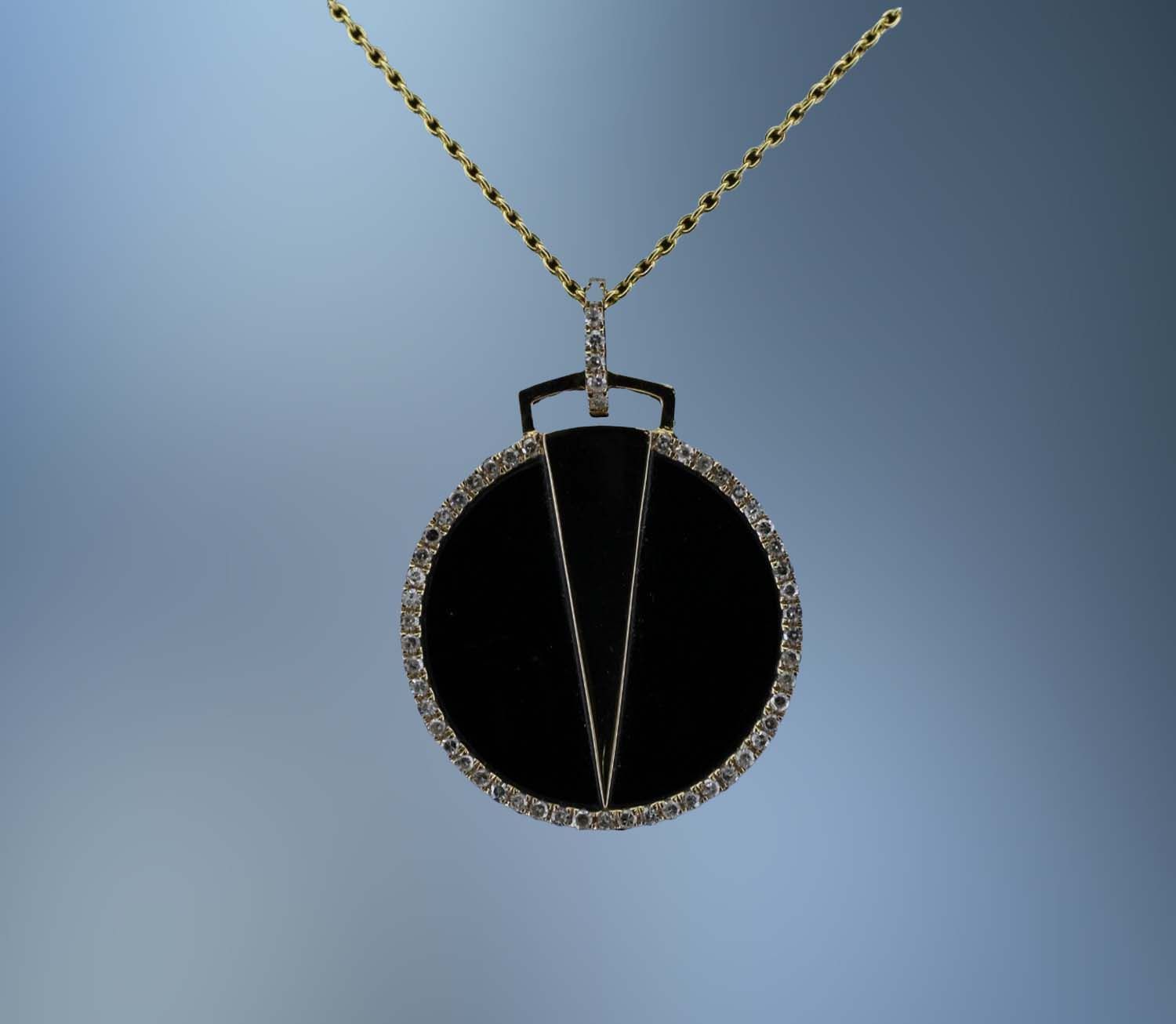 ML1643Y0 14KT YELLOW GOLD DIAMOND & ONYX NECKLACE FEATURING 56 ROUND BRILLIANT DIAMONDS TOTALING .15 CTS