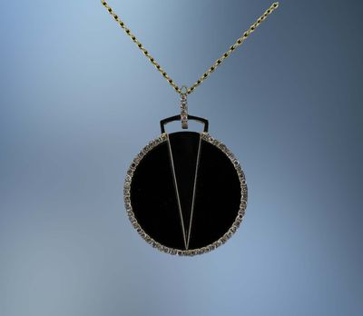 ML1643Y0 14KT YELLOW GOLD DIAMOND & ONYX NECKLACE FEATURING 56 ROUND BRILLIANT DIAMONDS TOTALING .15 CTS ML1643Y0 14KT YELLOW GOLD DIAMOND & ONYX NECKLACE FEATURING 56 ROUND BRILLIANT DIAMONDS TOTALING .15 CTS