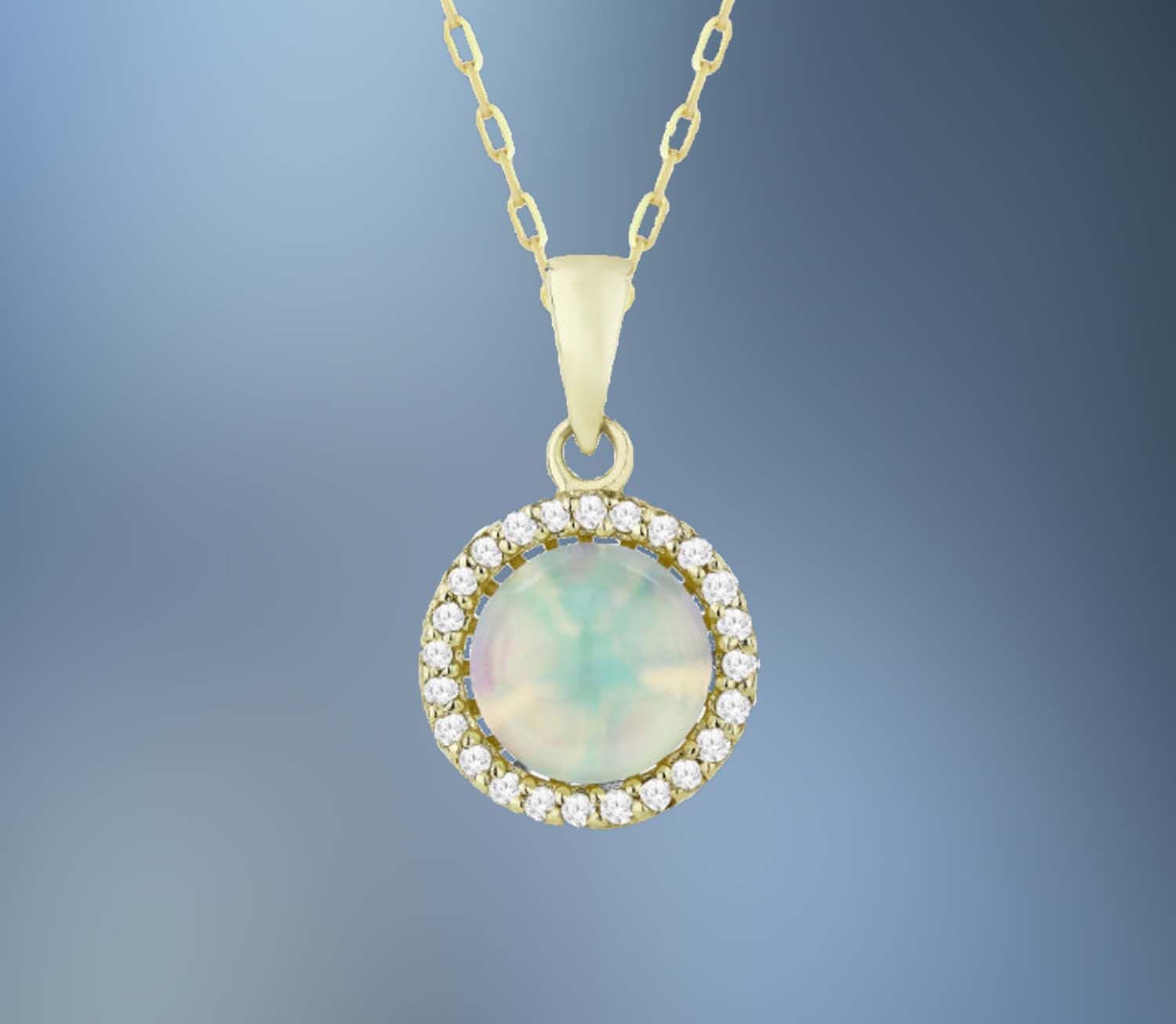 ONE 14KT YELLOW GOLD LADIES OPAL AND DIAMOND PENDANT CONTAINING ONE .50 CT ETHIOPIAN OPAL AND .08 CTS. OF NATURAL SINGLE CUT DIAMONDS ON A 16" CHAIN WITH A LOBSTER CLAW CLASP