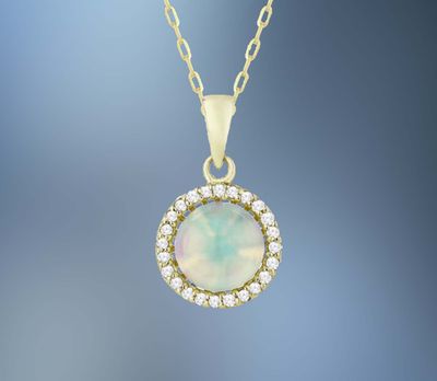 ONE 14KT YELLOW GOLD LADIES OPAL AND DIAMOND PENDANT CONTAINING ONE .50 CT ETHIOPIAN OPAL AND .08 CTS. OF NATURAL SINGLE CUT DIAMONDS ON A 16" CHAIN WITH A LOBSTER CLAW CLASP