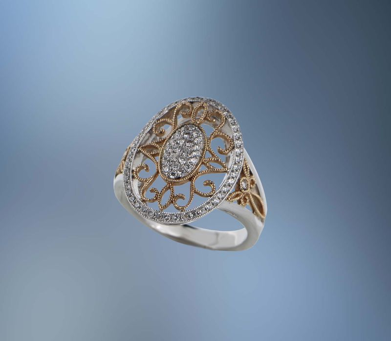 14KT TWO TONE DIAMOND FASHION RING FEATURING 71 ROUND BRILLIANT CUT DIAMONDS TOTALING  0.40 CTS