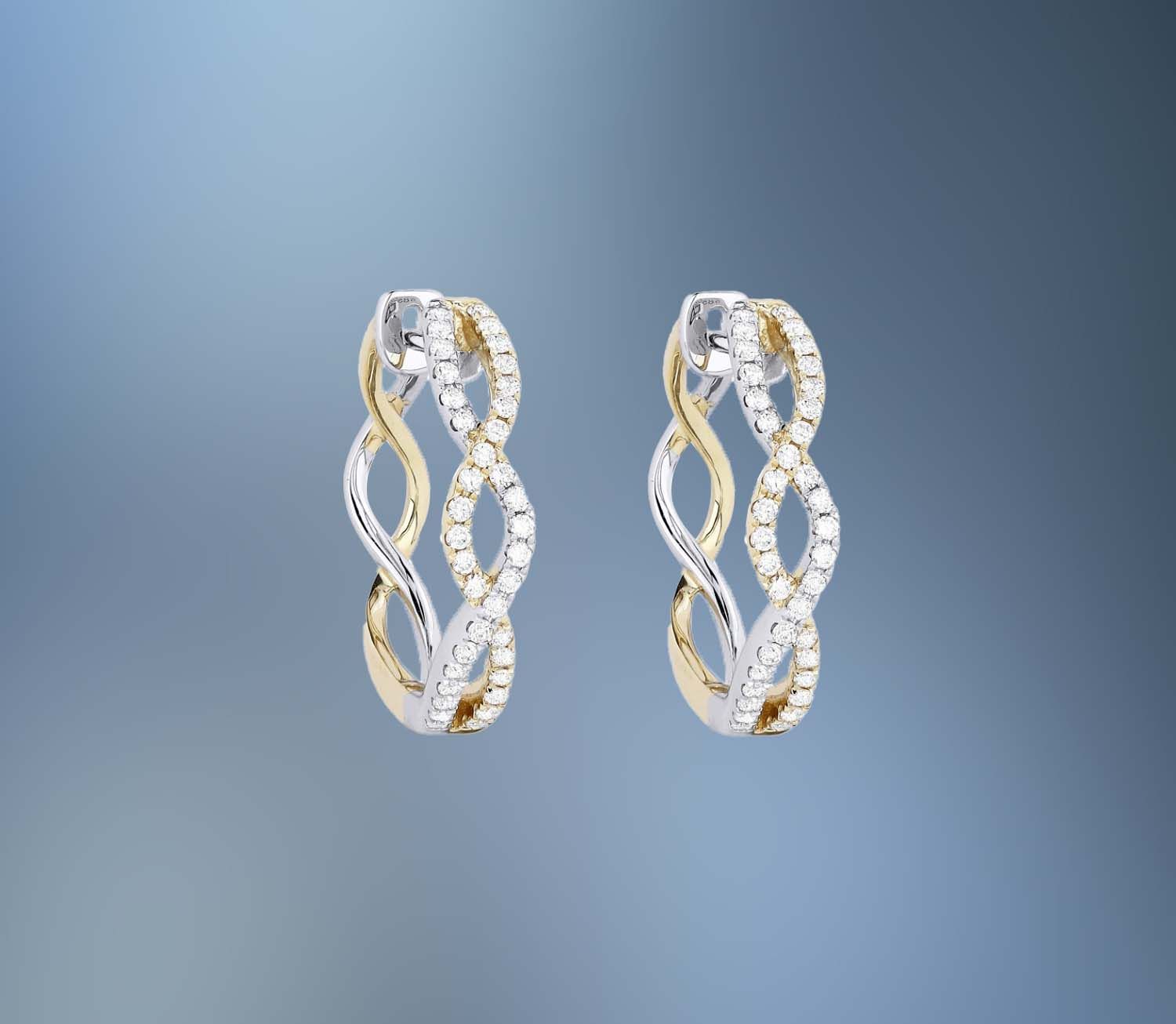 14KT WHITE AND YELLOW GOLD DIAMOND HOOP EARRINGS FEATURING 76 ROUND BRILLIANT CUT DIAMONDS TOTALING .47 CTS 14KT WHITE AND YELLOW GOLD DIAMOND HOOP EARRINGS FEATURING 76 ROUND BRILLIANT CUT DIAMONDS TOTALING .47 CTS