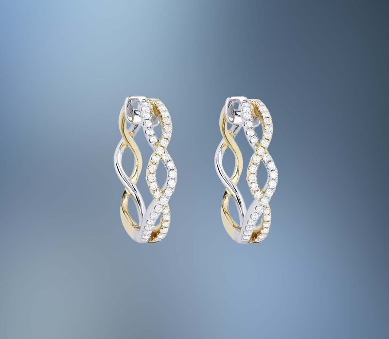 14KT WHITE AND YELLOW GOLD DIAMOND HOOP EARRINGS FEATURING 76 ROUND BRILLIANT CUT DIAMONDS TOTALING .47 CTS