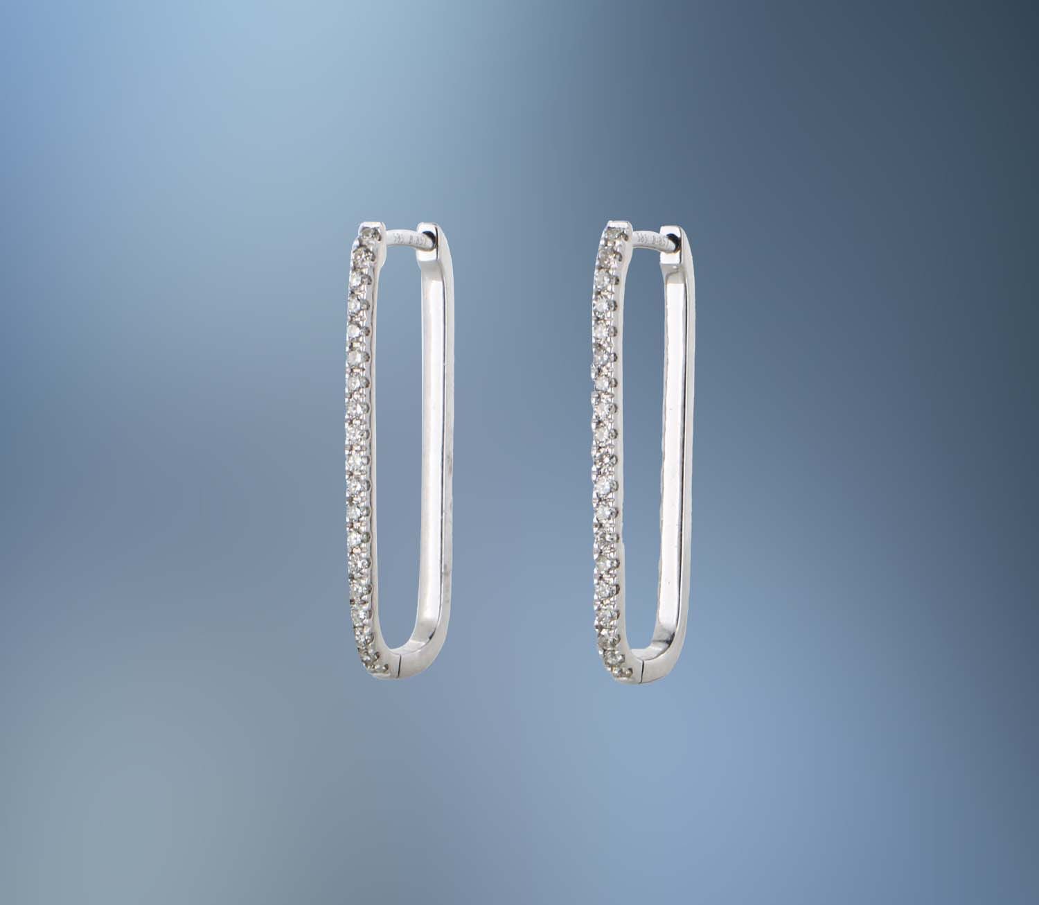 14KT WHITE GOLD RECTANGULAR DIAMOND HOOP EARRINGS FEATURING 38 ROUND BRILLIANT CUT DIAMONDS TOTALING 0.35 CTS