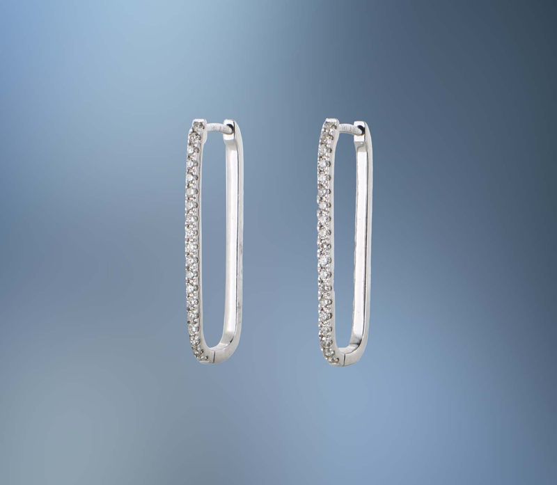 14KT WHITE GOLD RECTANGULAR DIAMOND HOOP EARRINGS FEATURING 38 ROUND BRILLIANT CUT DIAMONDS TOTALING 0.35 CTS