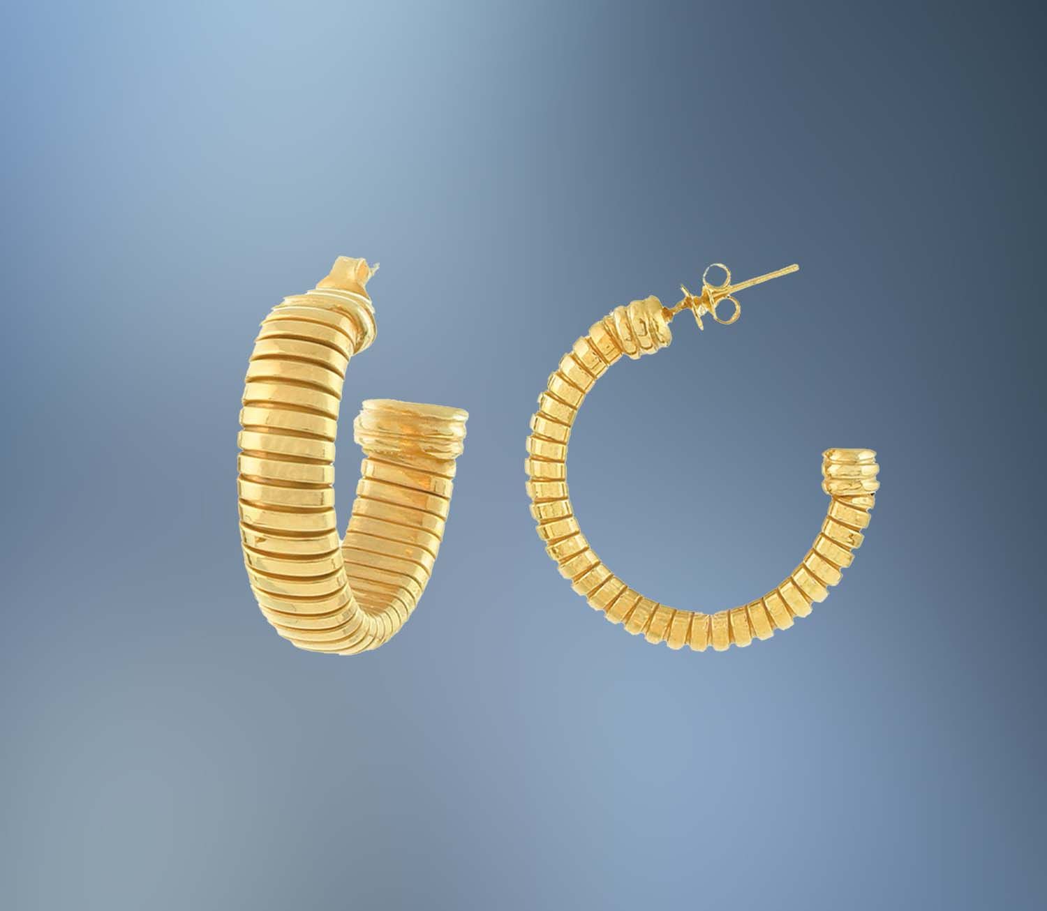 ONE PAIR OF BRONZE/24KT OVERLAY RIBBED HOOP EARRINGS