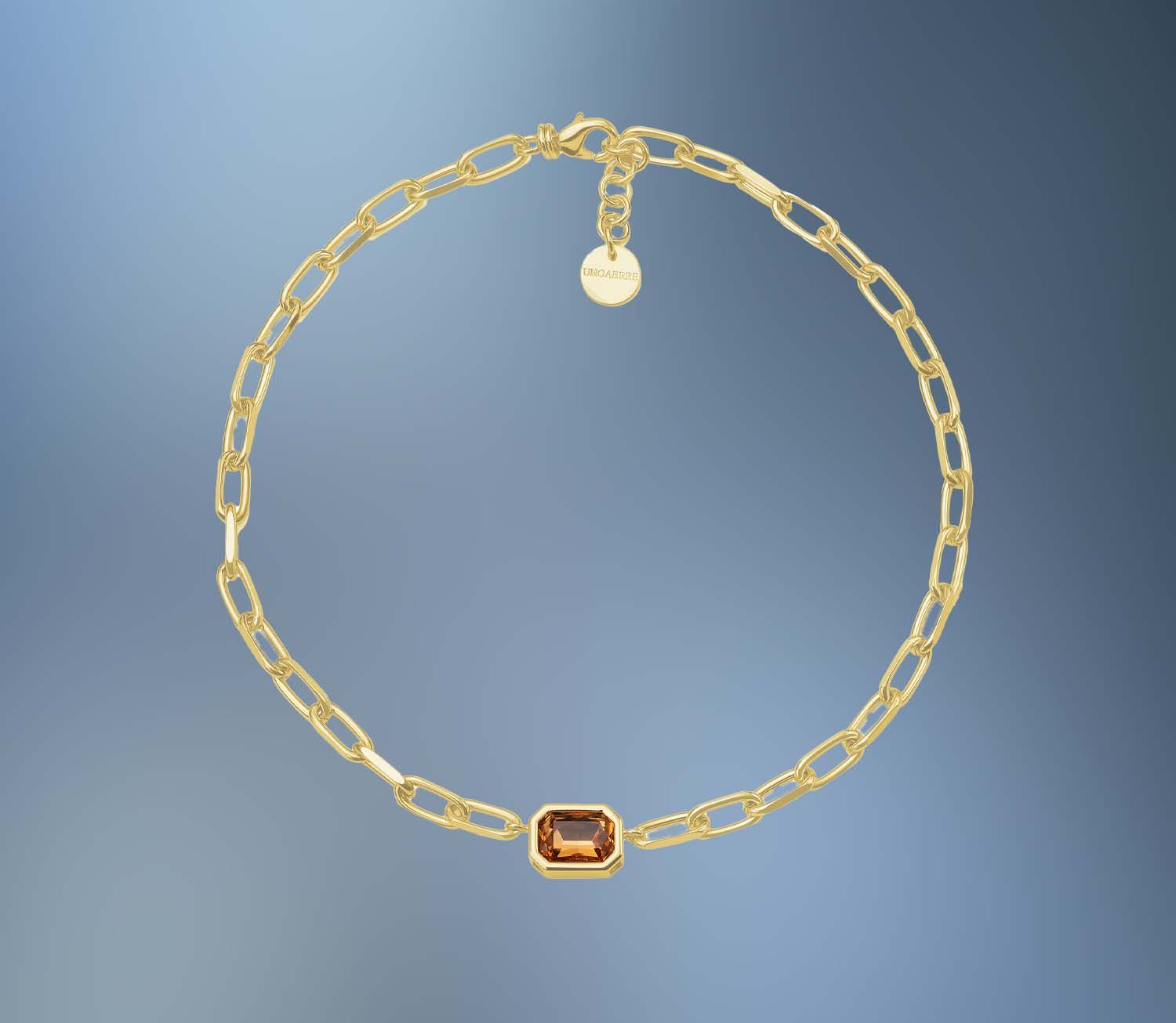 ONE BRONZE/24KT OVERLAY  PAPERCLIP CHAIN WITH AN ORANGE CRYSTAL