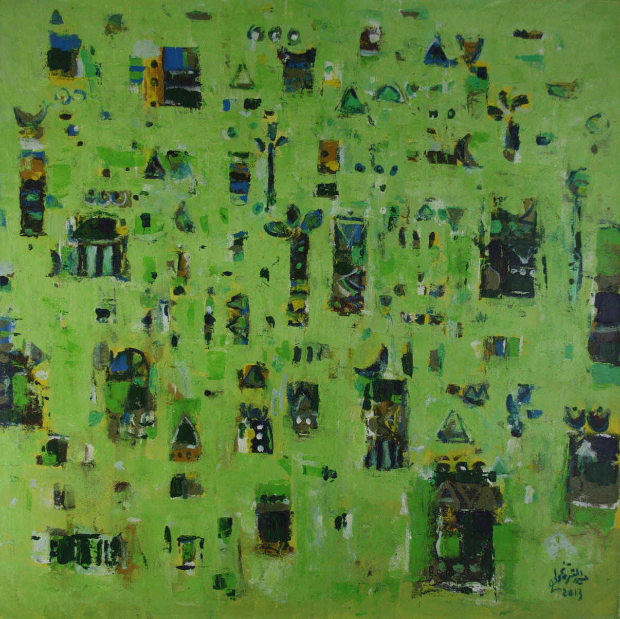 Abstract Village Collage Mixed Media Original Hand Painted Canvas