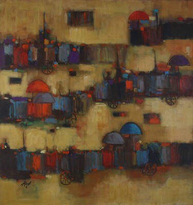 Abstract Village Market Collage Mixed Media Original Hand Painted Canvas