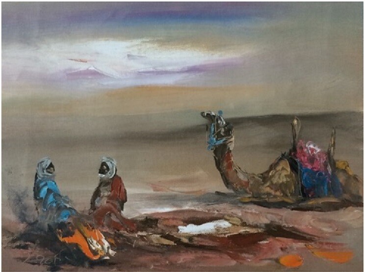 Desert Nomads & Camels Blue Skyline Original Hand Painted Canvas
