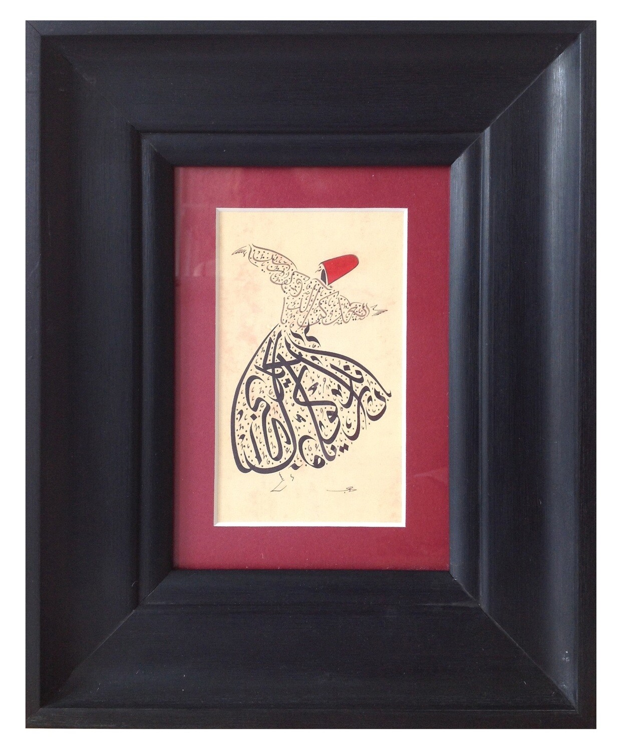 Whirling Dervish Red Rumi Poetry in Black Curved Frame