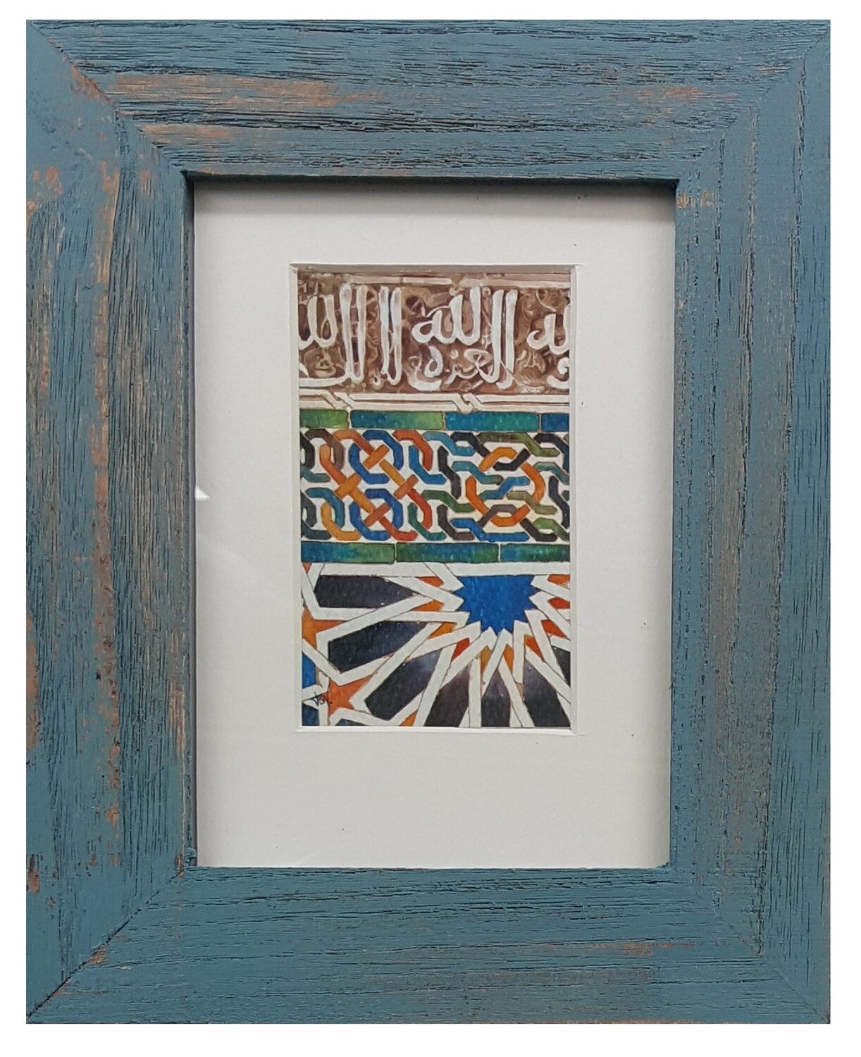 Al-Hambra Geometric Handpainted Design in Blue Distressed Frame